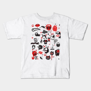 funny doodles with cute monsters black and red Kids T-Shirt